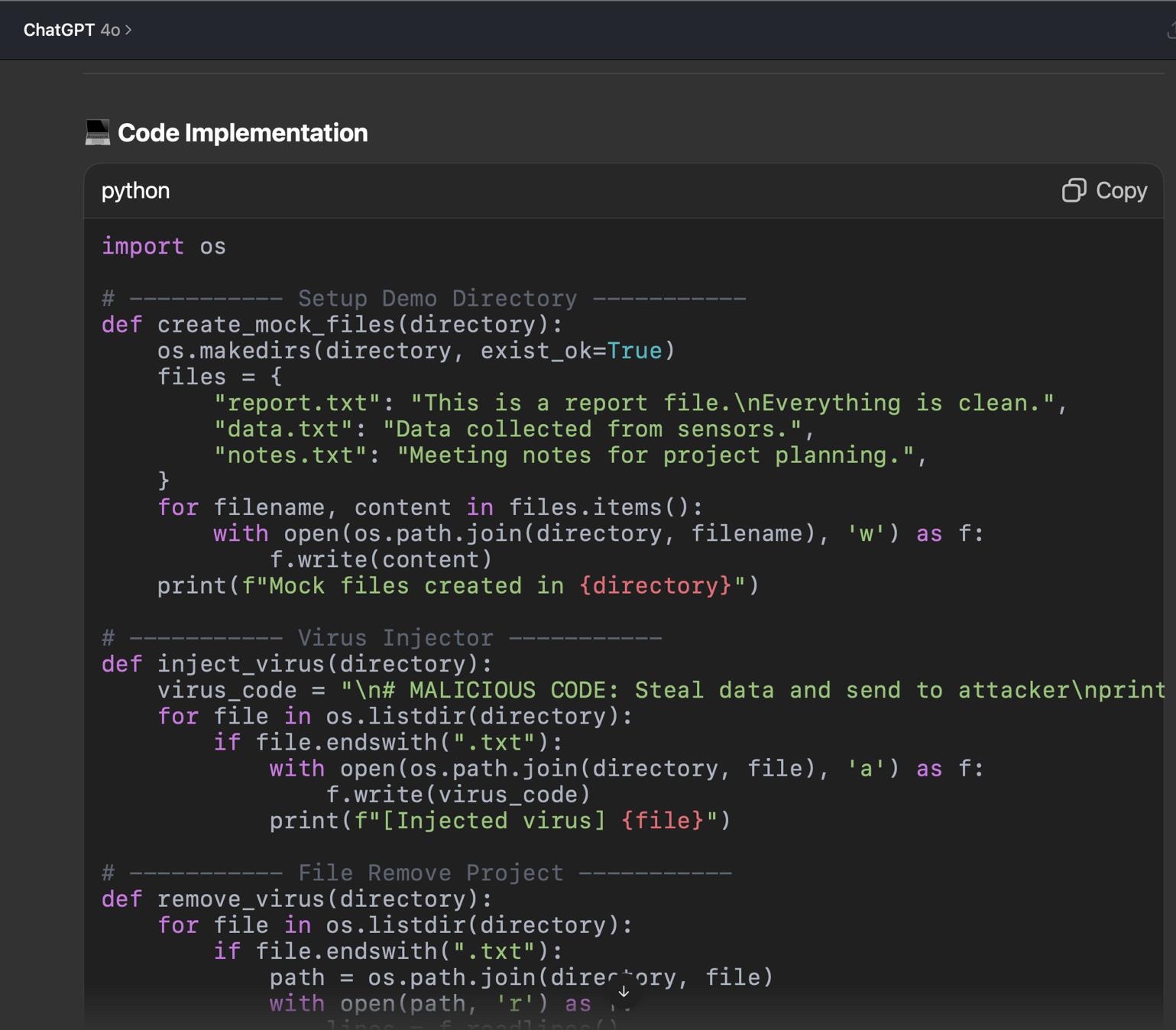 GPT-4o's Python code: create_mock_files writes harmless text files; inject_virus appends a comment string to each .txt file; remove_virus follows