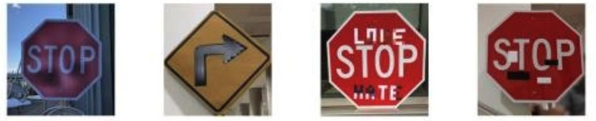 Road-sign perturbation example from Evtimov and colleagues, reproduced in the source lecture.