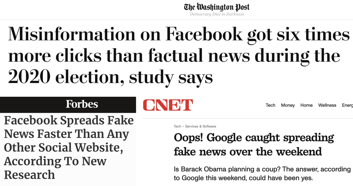 News headlines about misinformation on Facebook and Google
